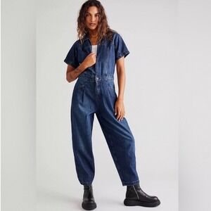 Free People Dark Blue Denim Short-Sleeve Jumpsuit